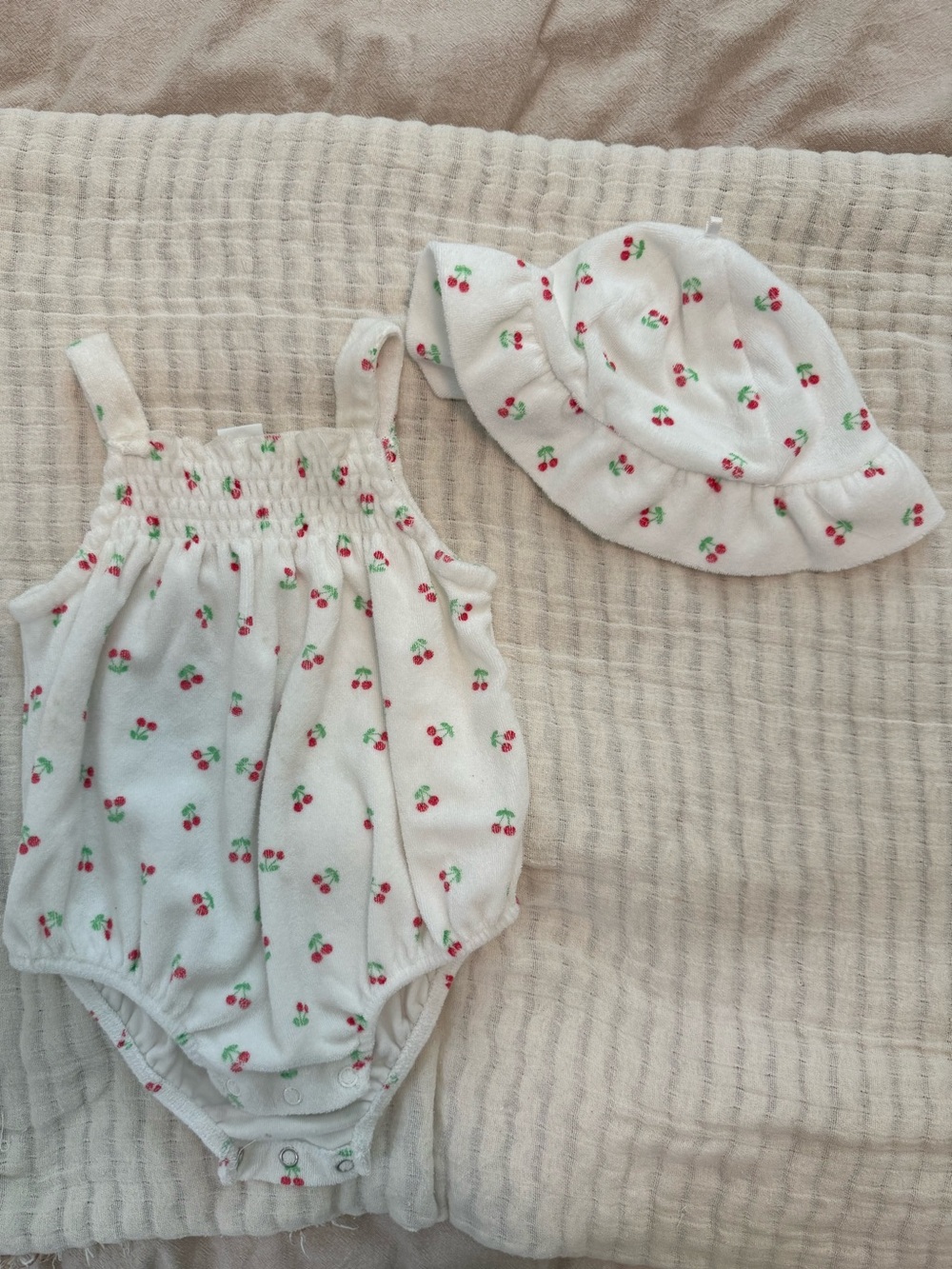 Little Me Baby Cherry Print Romper & Sun Hat Set